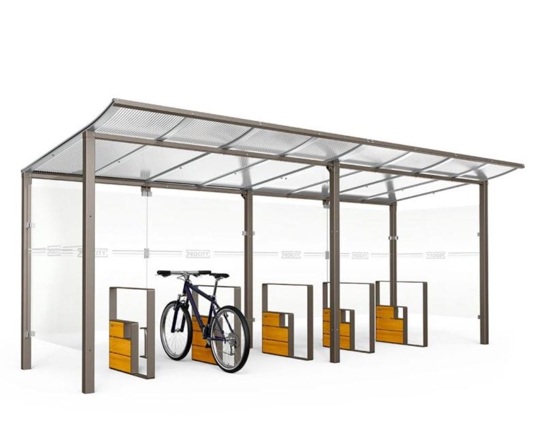 Abri avec dispositifs de stationnement sécurisé pour les vélos.
