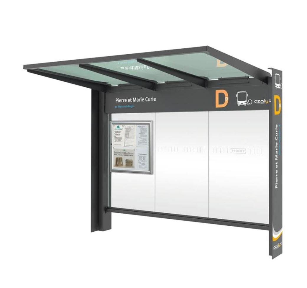 Abri voyageurs KUB avec vitrine d’information.
