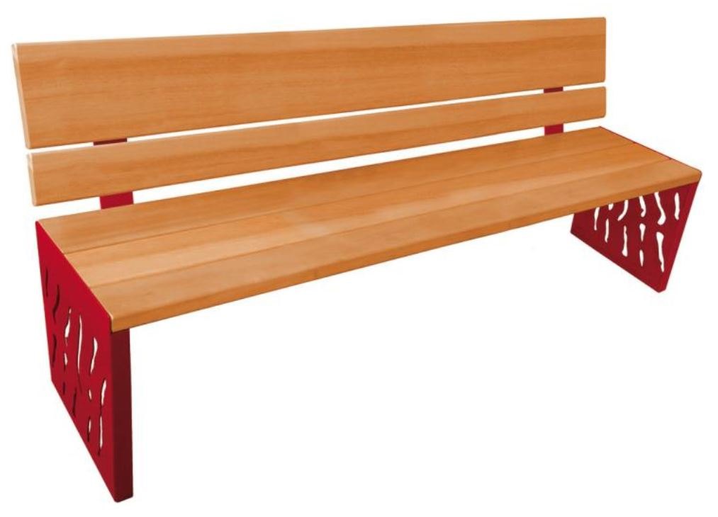 Banc Venise avec piétements décoratifs rouges.