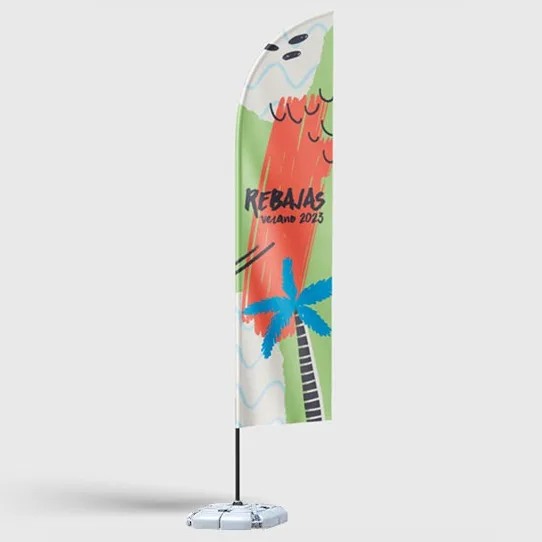 Exemple générique de beach flag publicitaire sur pied.