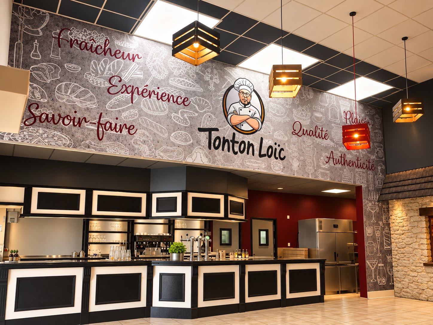 Grand décor mural Tonton Loïc avec logo, illustrations et mots liés au savoir-faire