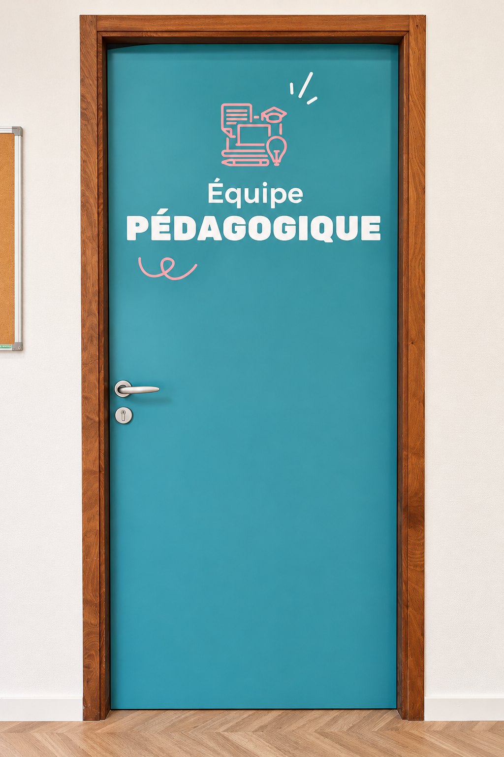 Porte turquoise portant l’inscription Équipe pédagogique et un pictogramme