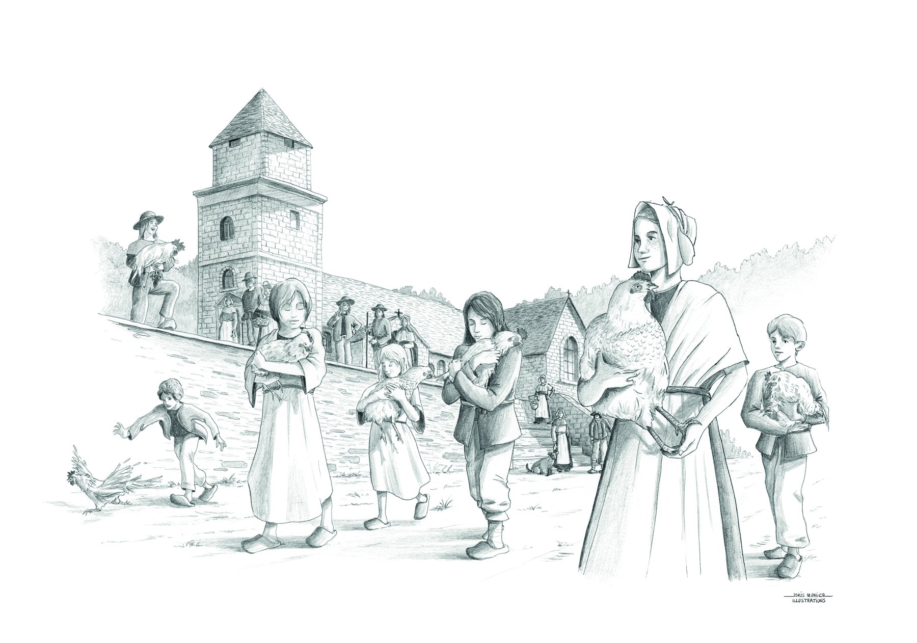 Illustration de la tour de l’église et de personnages à Saint-Gilles.