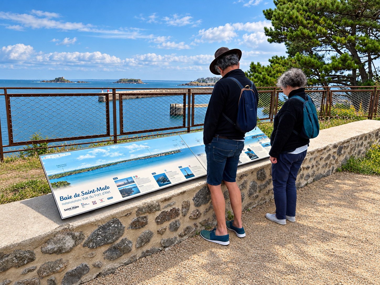 Lecture du panorama de la baie de Saint-Malo sur un panneau illustré.
