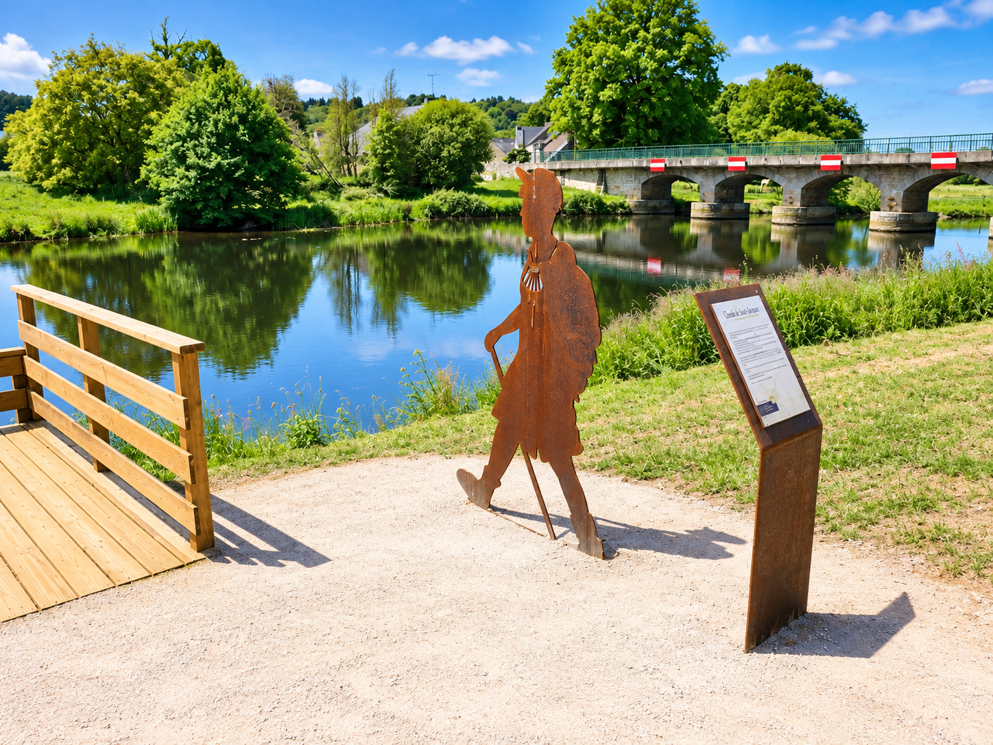 Silhouette découpée et panneau d’interprétation installés au bord d’un cours d’eau.