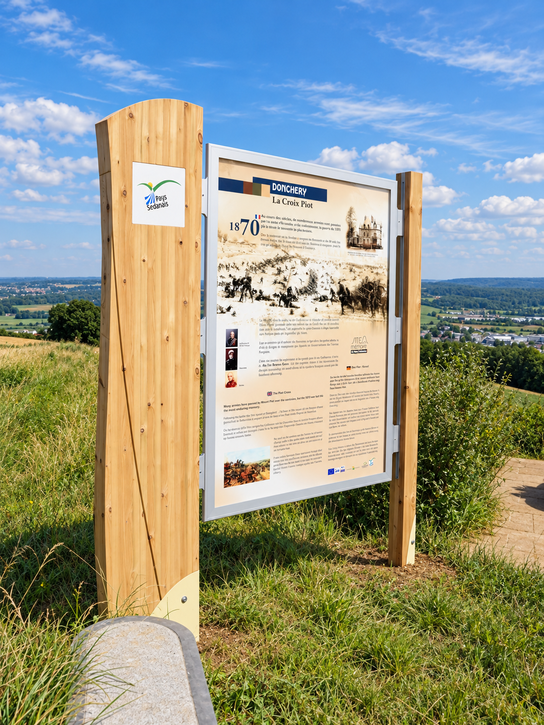 Panneau d’interprétation sur deux supports bois dans un paysage ouvert.