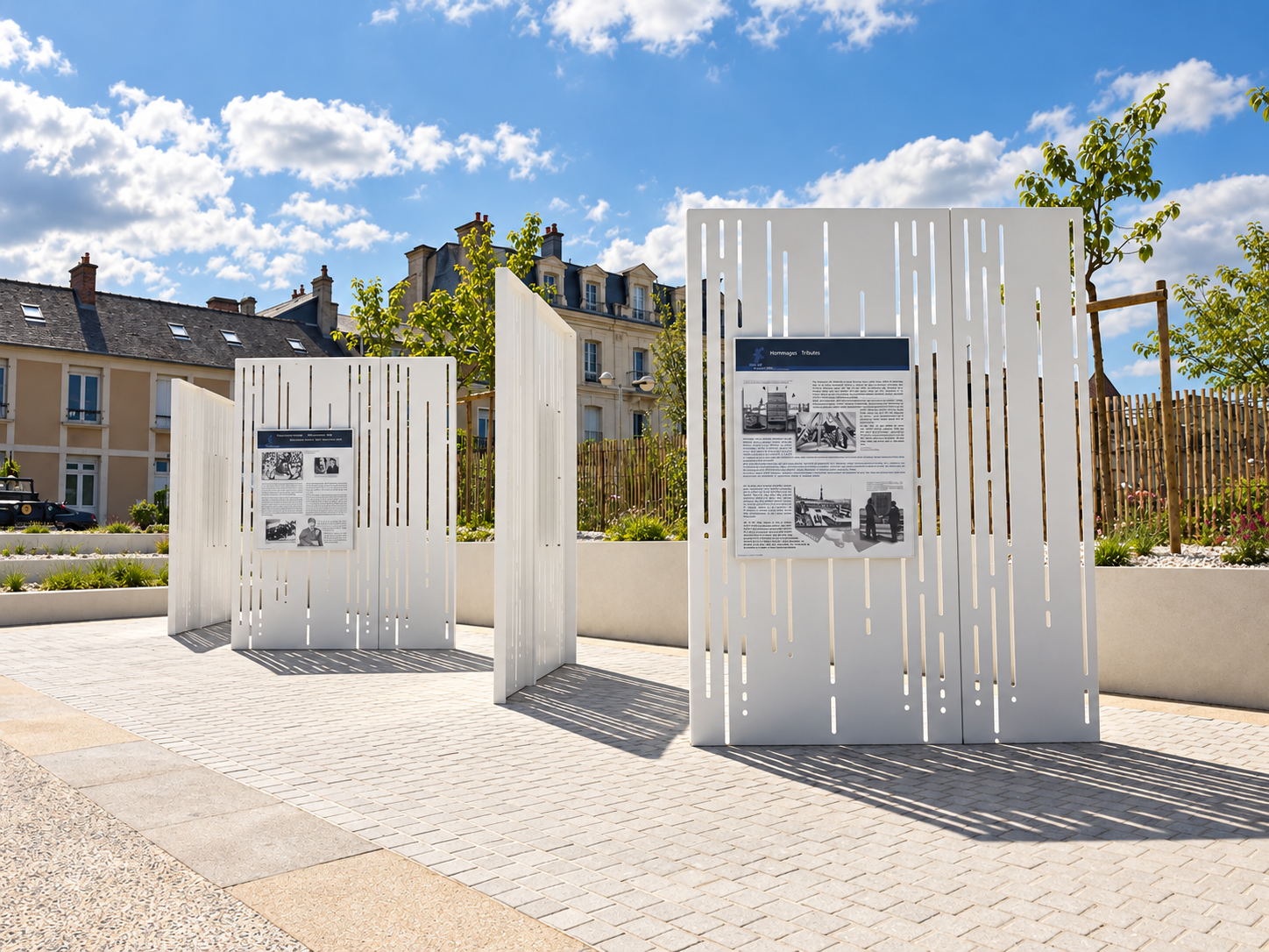 Panneaux de mémoire avec textes et photographies sur des supports blancs ajourés.