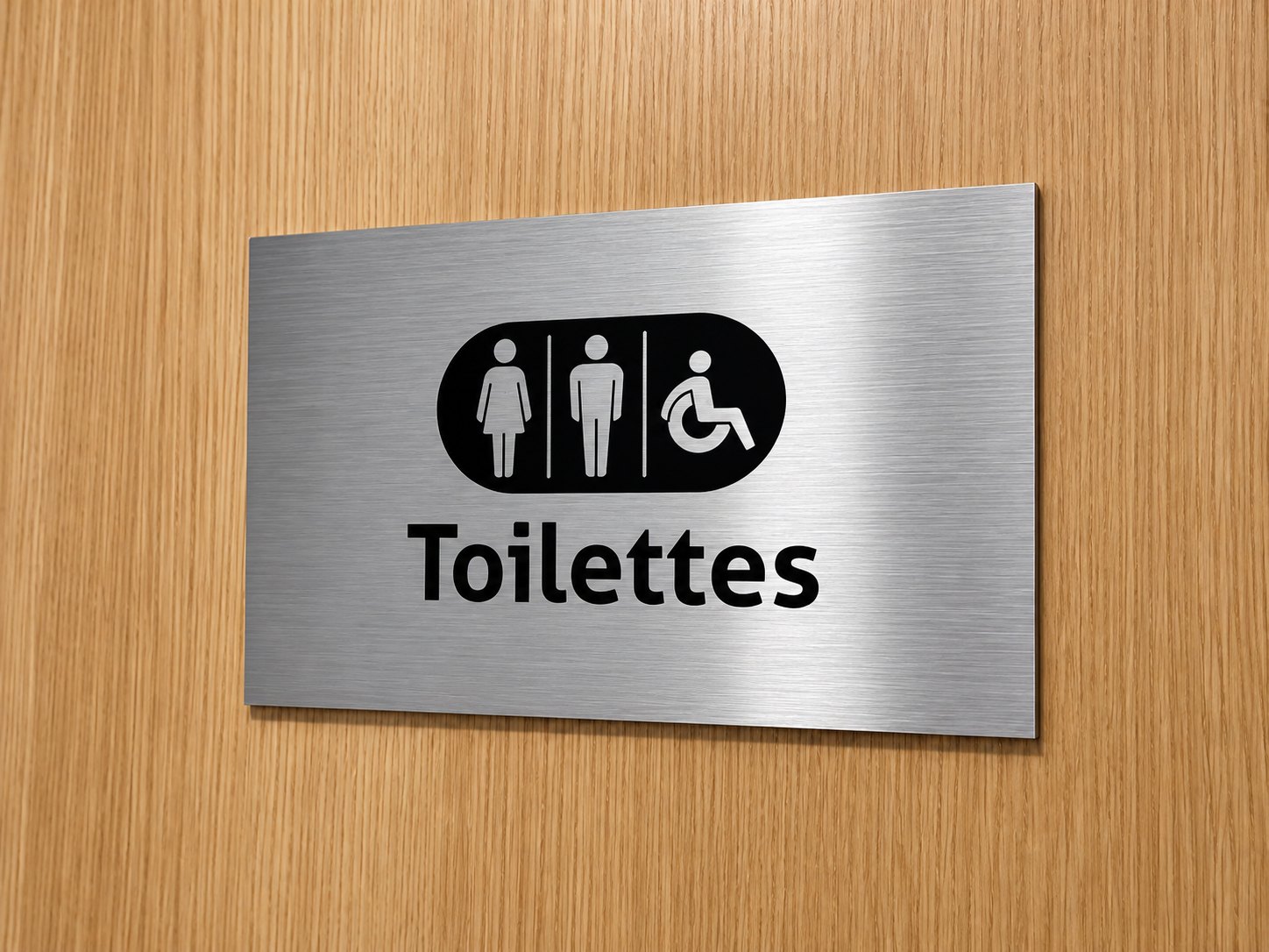 Plaque Toilettes avec pictogrammes femme, homme et fauteuil roulant sur une porte en bois