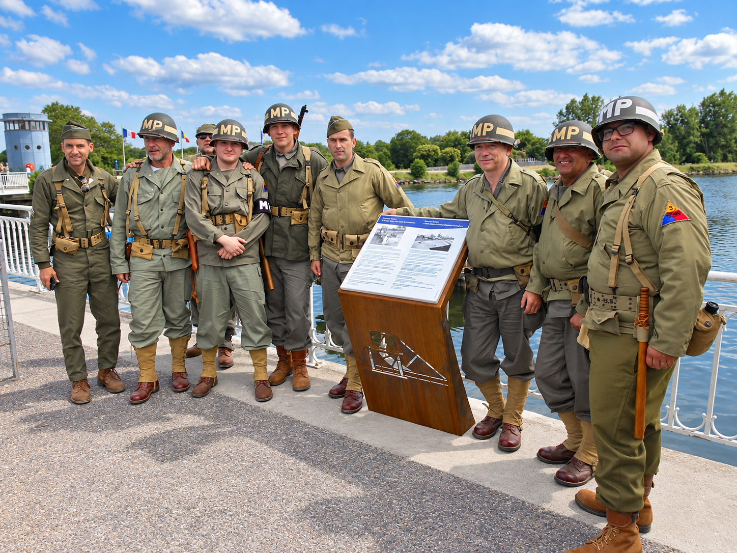 Un groupe en tenue de reconstitution autour d’un pupitre de mémoire au bord de l’eau.