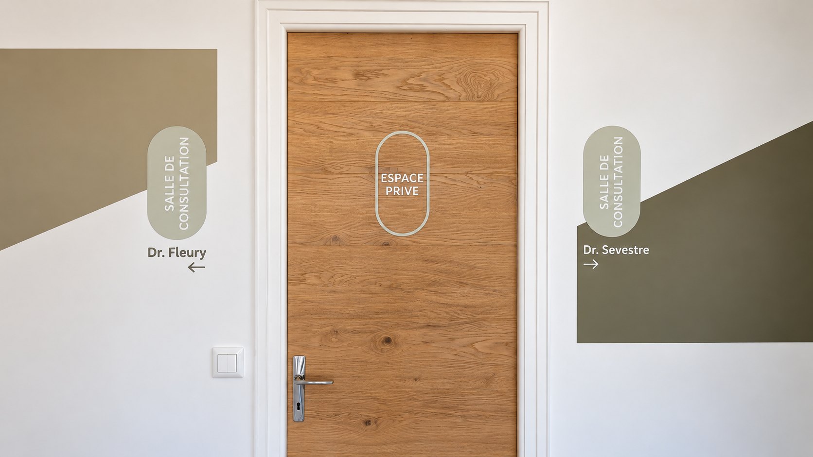 Porte et murs de cabinet médical avec identification des praticiens et de l’espace privé
